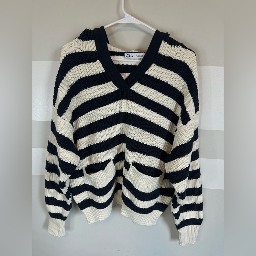ZARA Hooded Knit Sweater Striped Cotton Long Sleeve Front Pockets Preppy Coastal - Picture 4 of 5